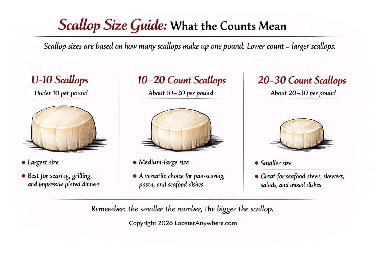 Scallop size guide showing U-10, 10-20 count, and 20-30 count sea scallops by count per pound