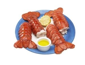 Jumbo lobster tails (8-10 oz.), perfectly cooked and served on a blue plate with melted butter and fresh lemon. These premium lobster tails feature tender, succulent white meat encased in a rich red shell, making them ideal for grilling, broiling, or steaming. A gourmet seafood choice for special occasions and fine dining.