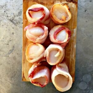 Planked Bacon Wrapped Scallops