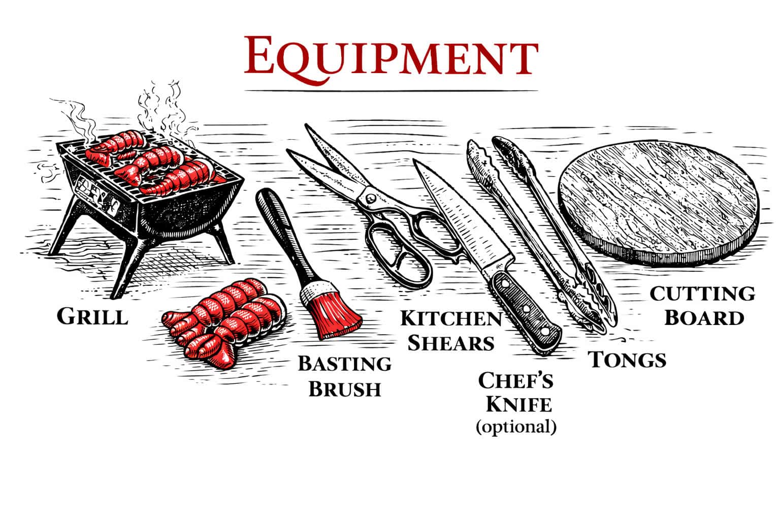 Tools to make grilled lobster with lemon butter.