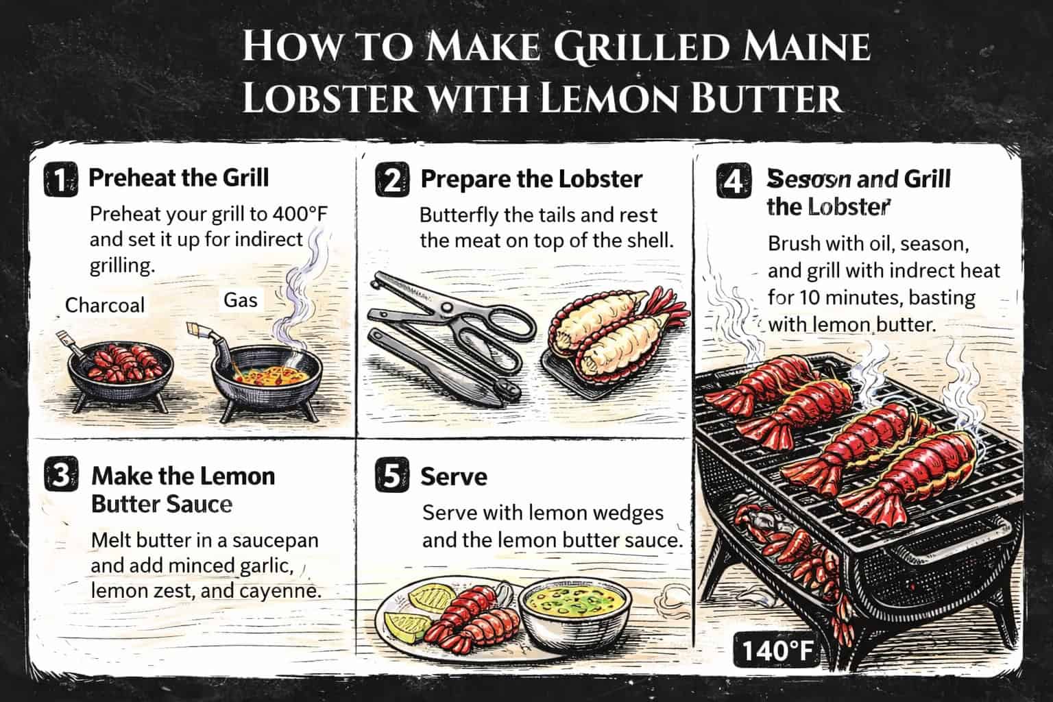 Instructions for how to make grilled lobster with lemon butter. 