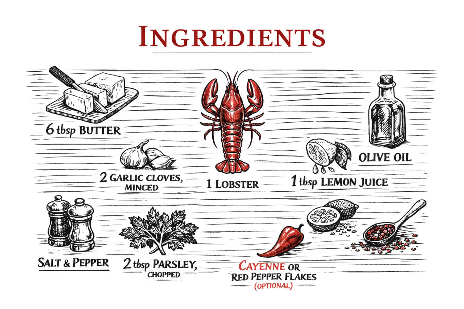 Ingredients for grilled lobster with lemon sauce.