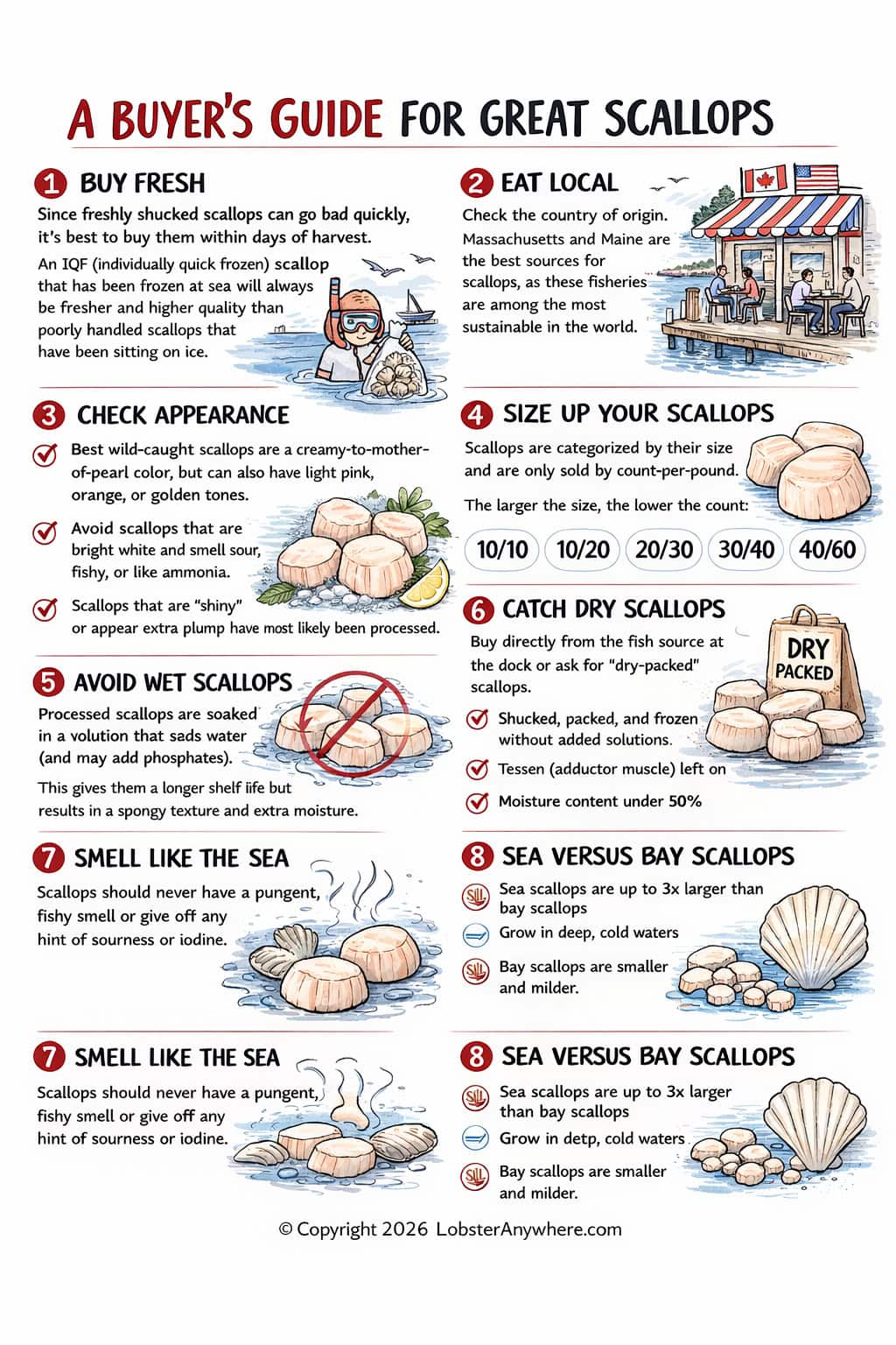 Scallop buying guide infographic with tips on choosing fresh, dry-packed sea scallops