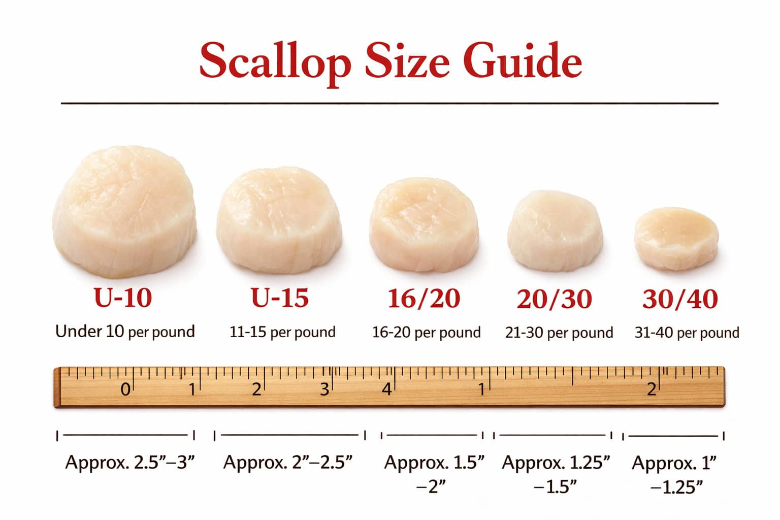 Scallop size guide showing U-10, U-15, 16-20, 20-30, and 30-40 scallops by count per pound and approximate diameter