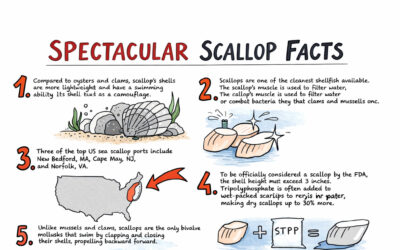 Scallop facts infographic with 12 facts about sea scallop anatomy, nutrition, shells, and swimming
