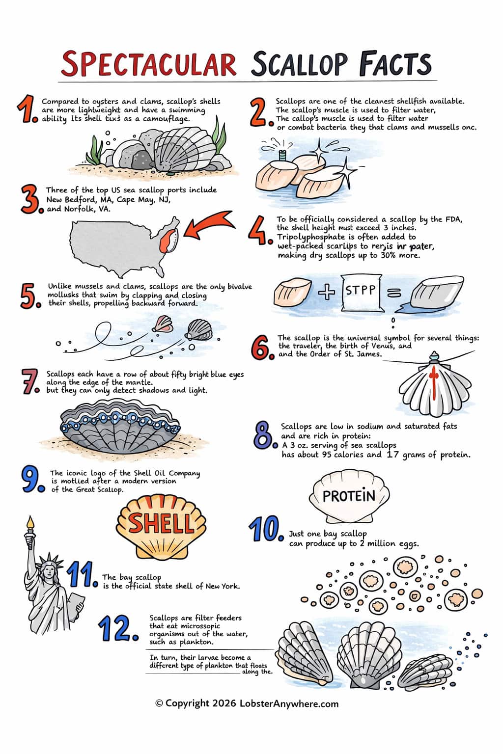 Scallop facts infographic with 12 facts about sea scallop anatomy, nutrition, shells, and swimming