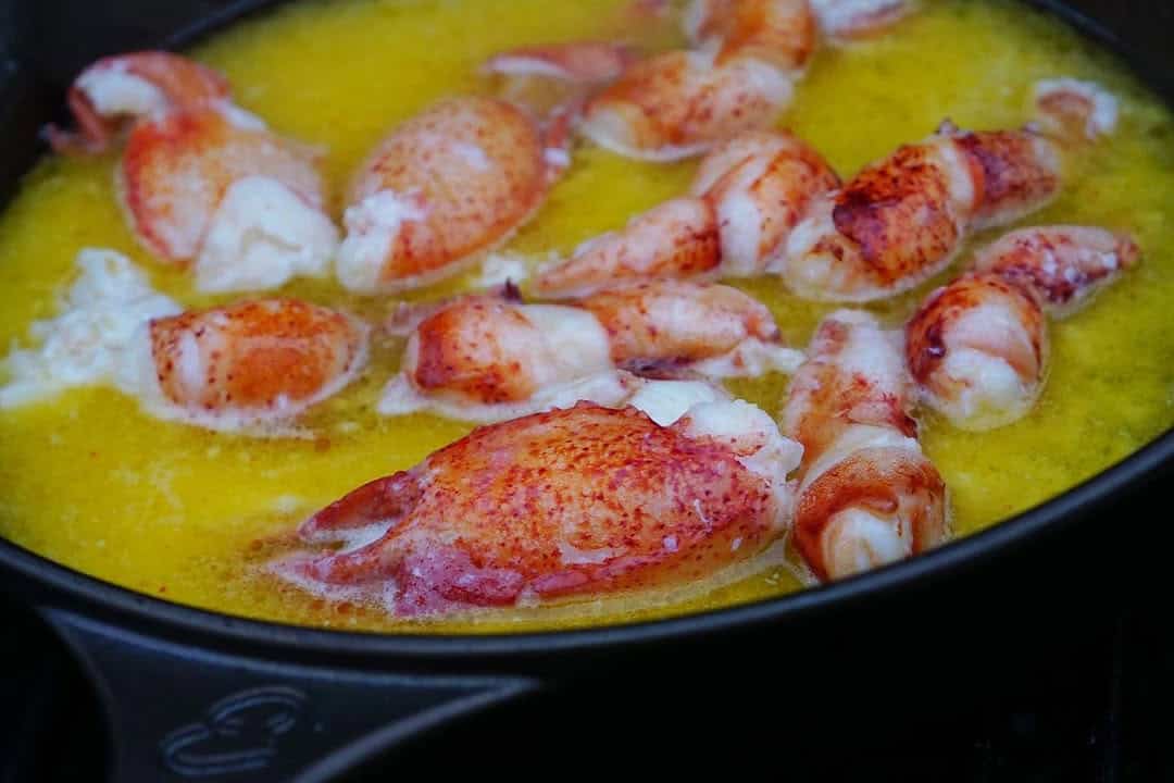 Raw Maine lobster claw and knuckle meat being butter poached