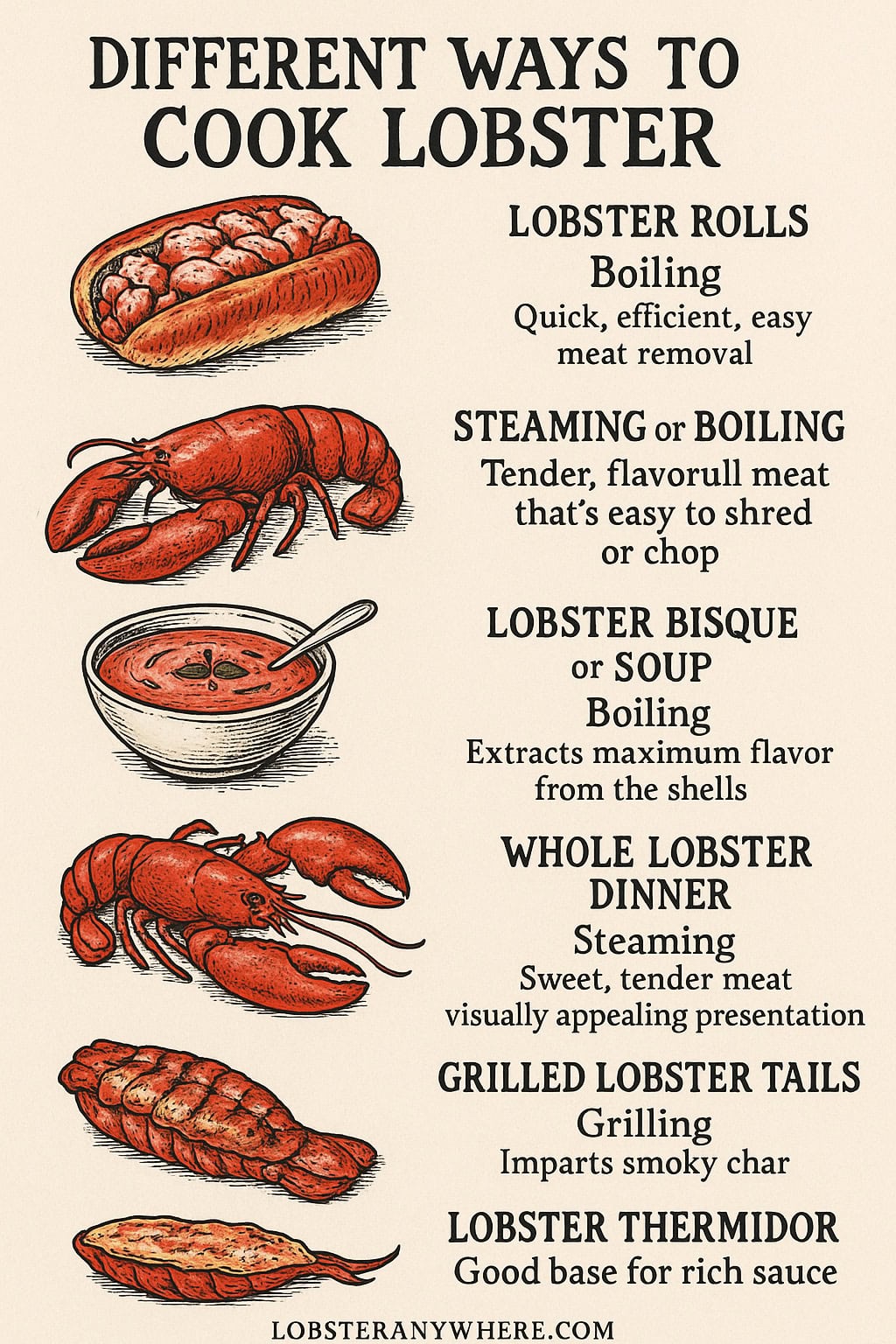 Discover the best ways to cook lobster for popular dishes like rolls, bisque, and grilled tails. Illustrated guide by LobsterAnywhere.
