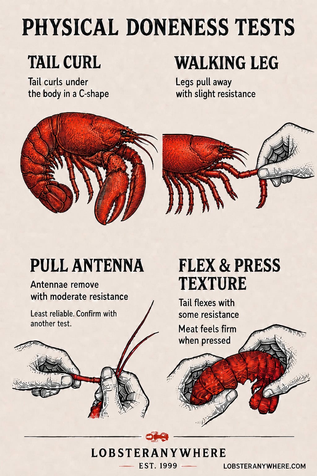 Illustrated guide to four physical doneness tests for cooked lobster: tail curl, walking leg pull, antenna pull, and flex and press texture.