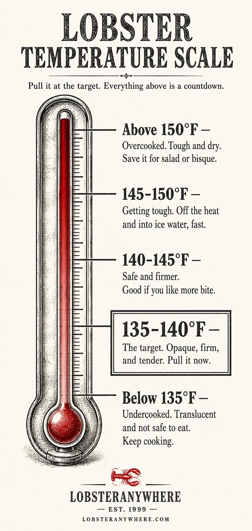 Illustrated lobster temperature scale showing five doneness ranges from undercooked below 135°F to overcooked above 150°F, with 135 to 140°F marked as the target.