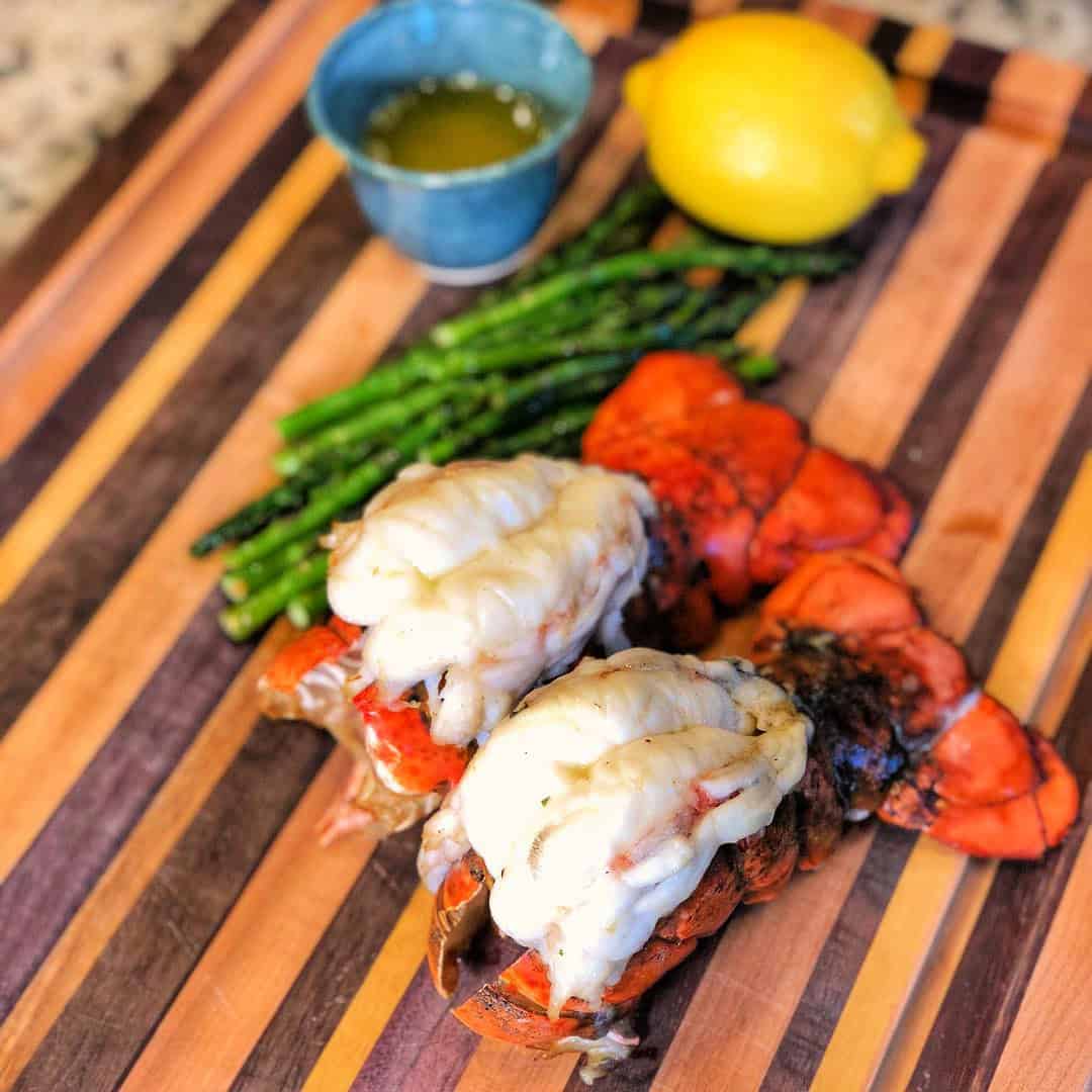 prepping lobster tails for cooking