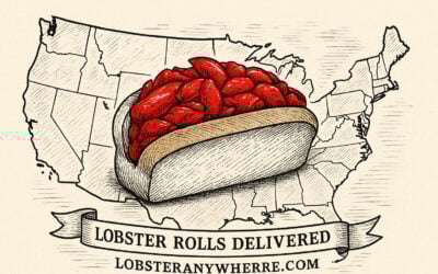 US map in pen-and-ink with a red lobster roll; banner: Lobster Rolls Delivered — LobsterAnywhere.com