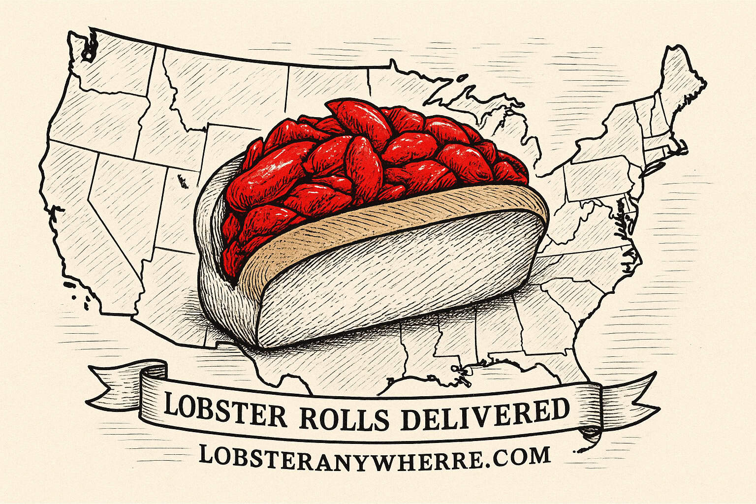 US map in pen-and-ink with a red lobster roll; banner: Lobster Rolls Delivered — LobsterAnywhere.com