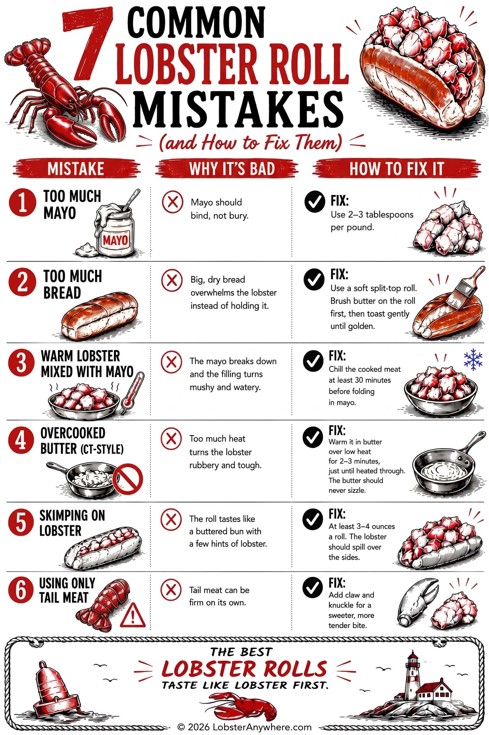 Infographic detailing 7 common lobster roll mistakes and how to fix them.