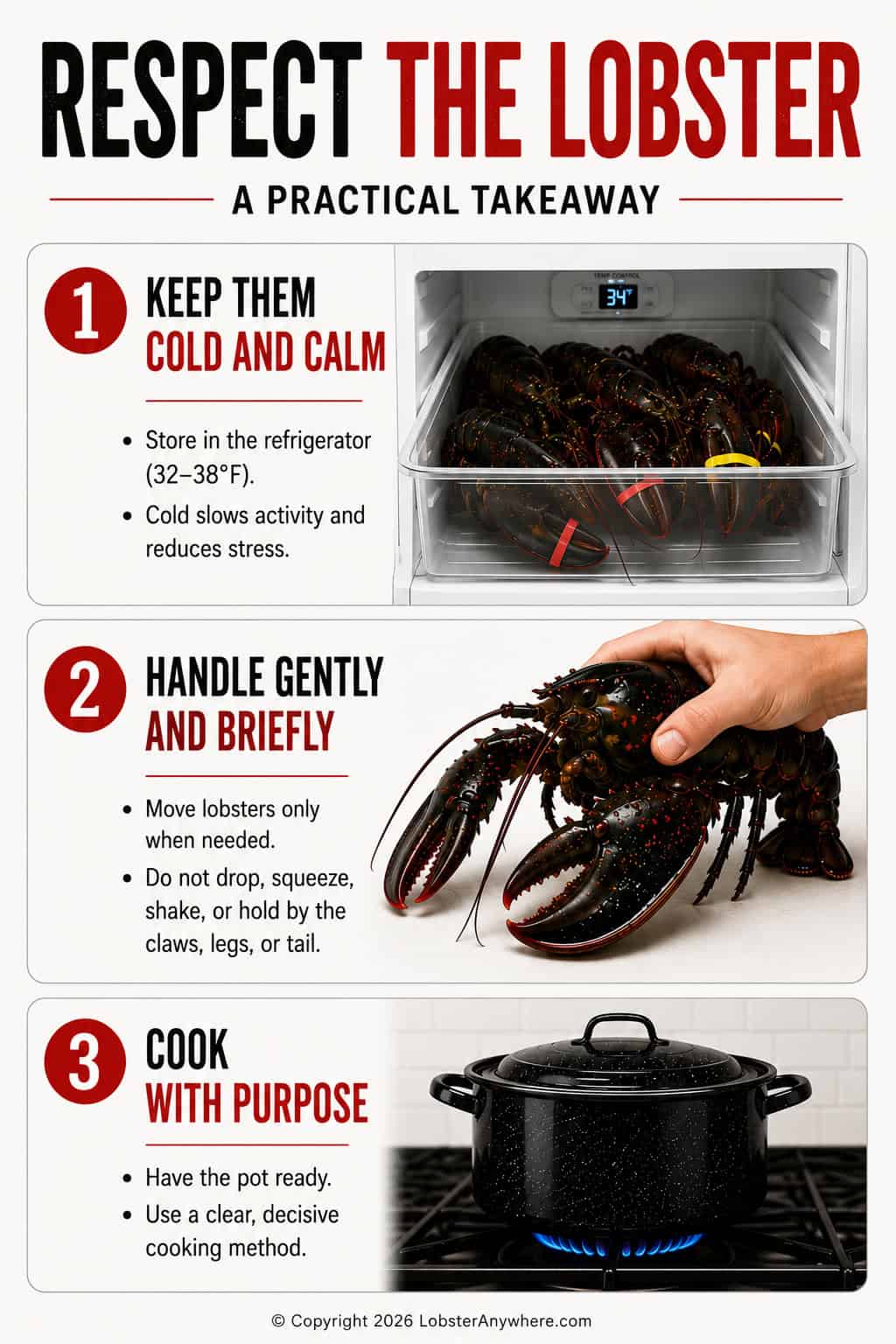 Infographic showing humane live lobster handling tips, including keeping lobsters cold and moist, avoiding rough handling, and cooking promptly.