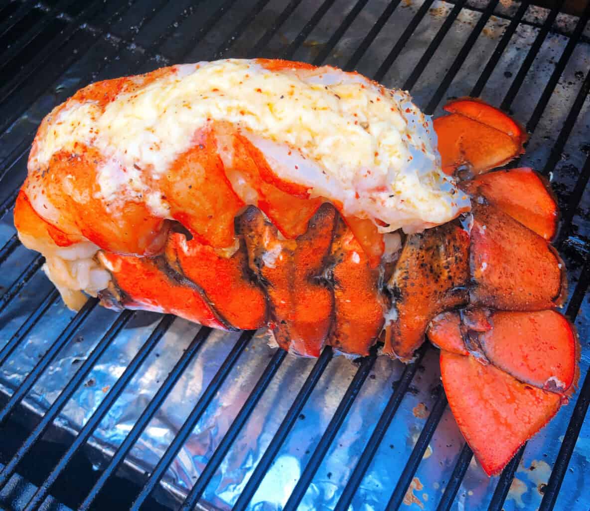 Clean grilled lobster tail with the digestive tract removed.