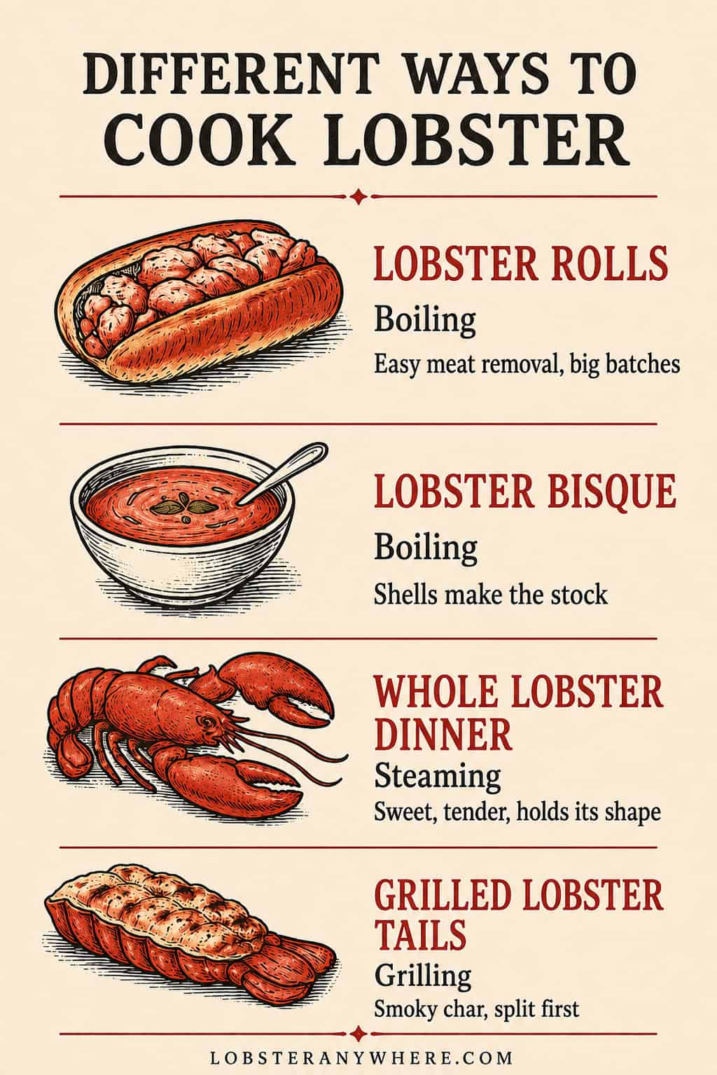Chart pairing lobster dishes with cooking methods: rolls and bisque boiled, whole lobster steamed, tails grilled