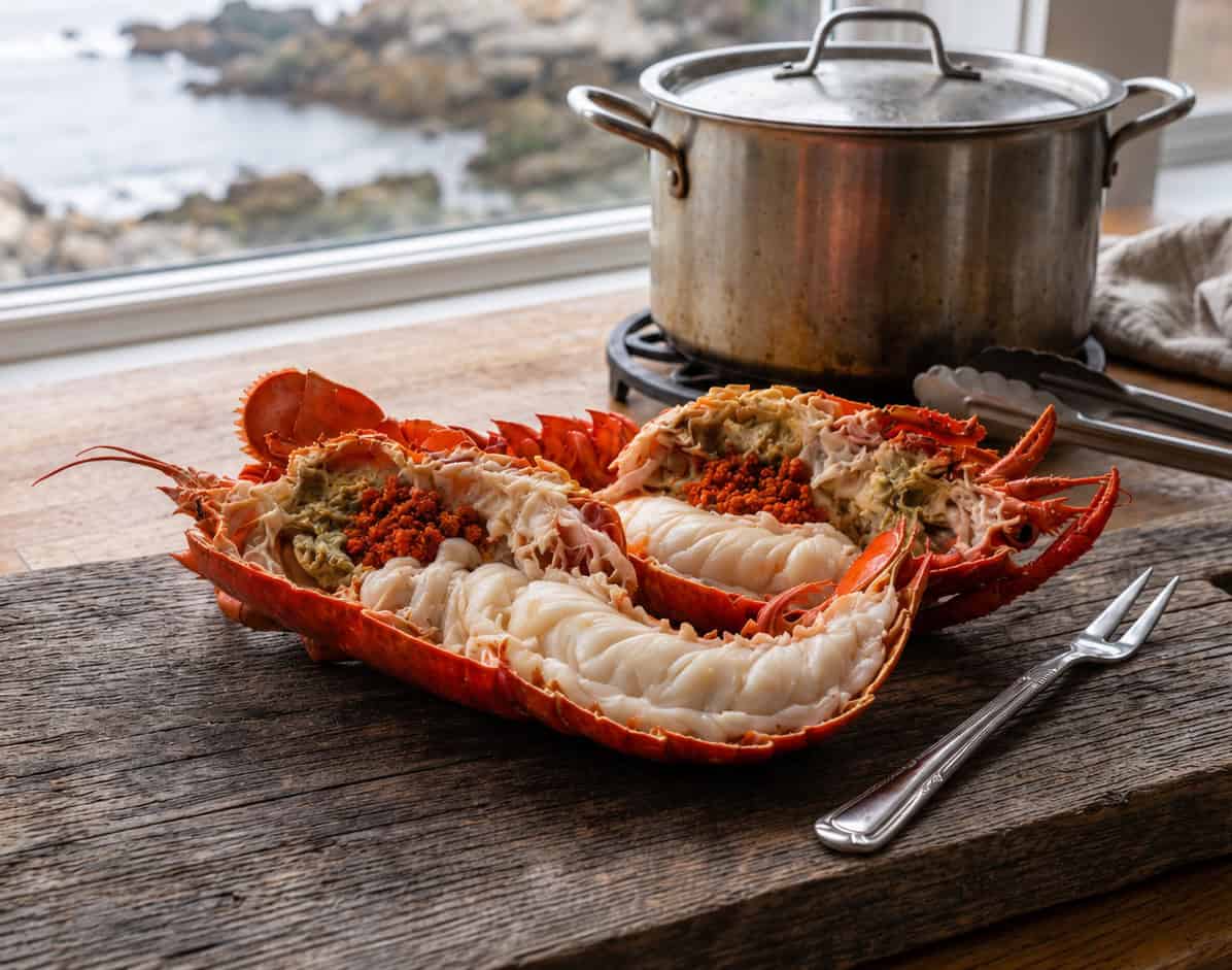 Cooked Maine lobster cut in half, its coral-red roe and green tomalley tucked beside the white tail meat