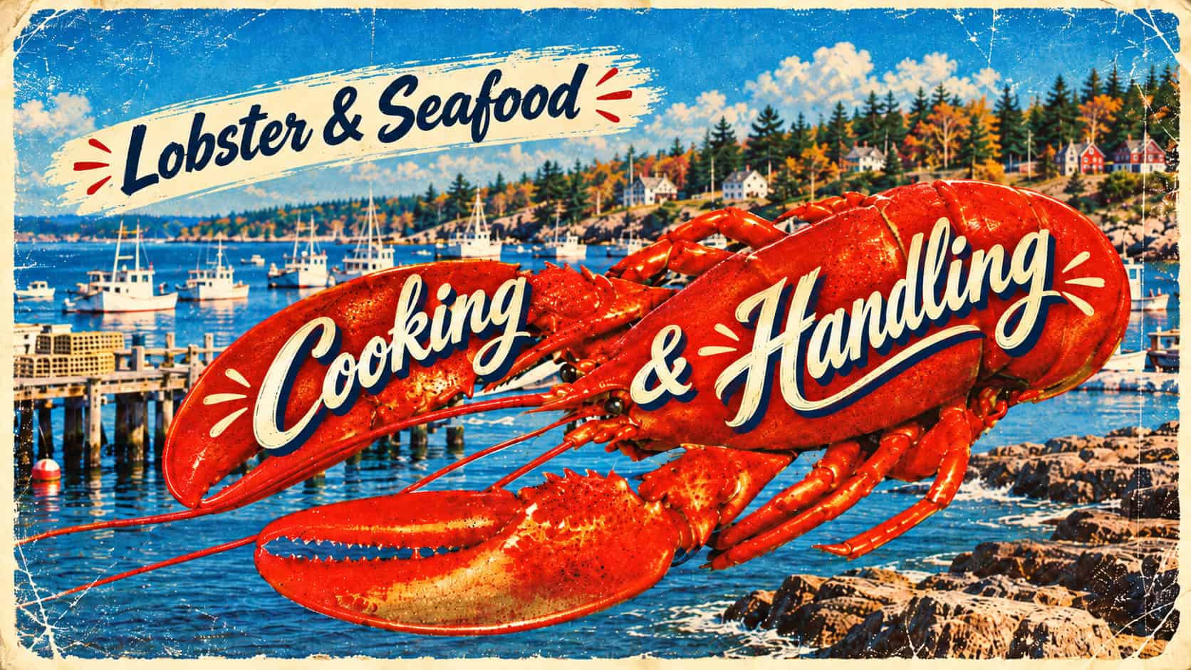 Lobster & Seafood Cooking and Handling Guide Vintage Maine harbor postcard featuring a red lobster with Cooking & Handling lettering on its shell.